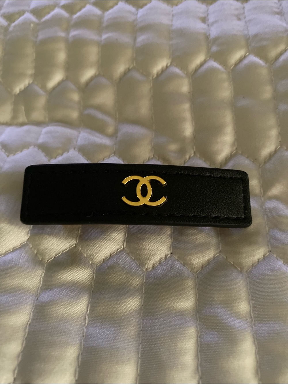 ChaneI Hair Barrette Black Leather With Gold-Tone CC Logo Timeless